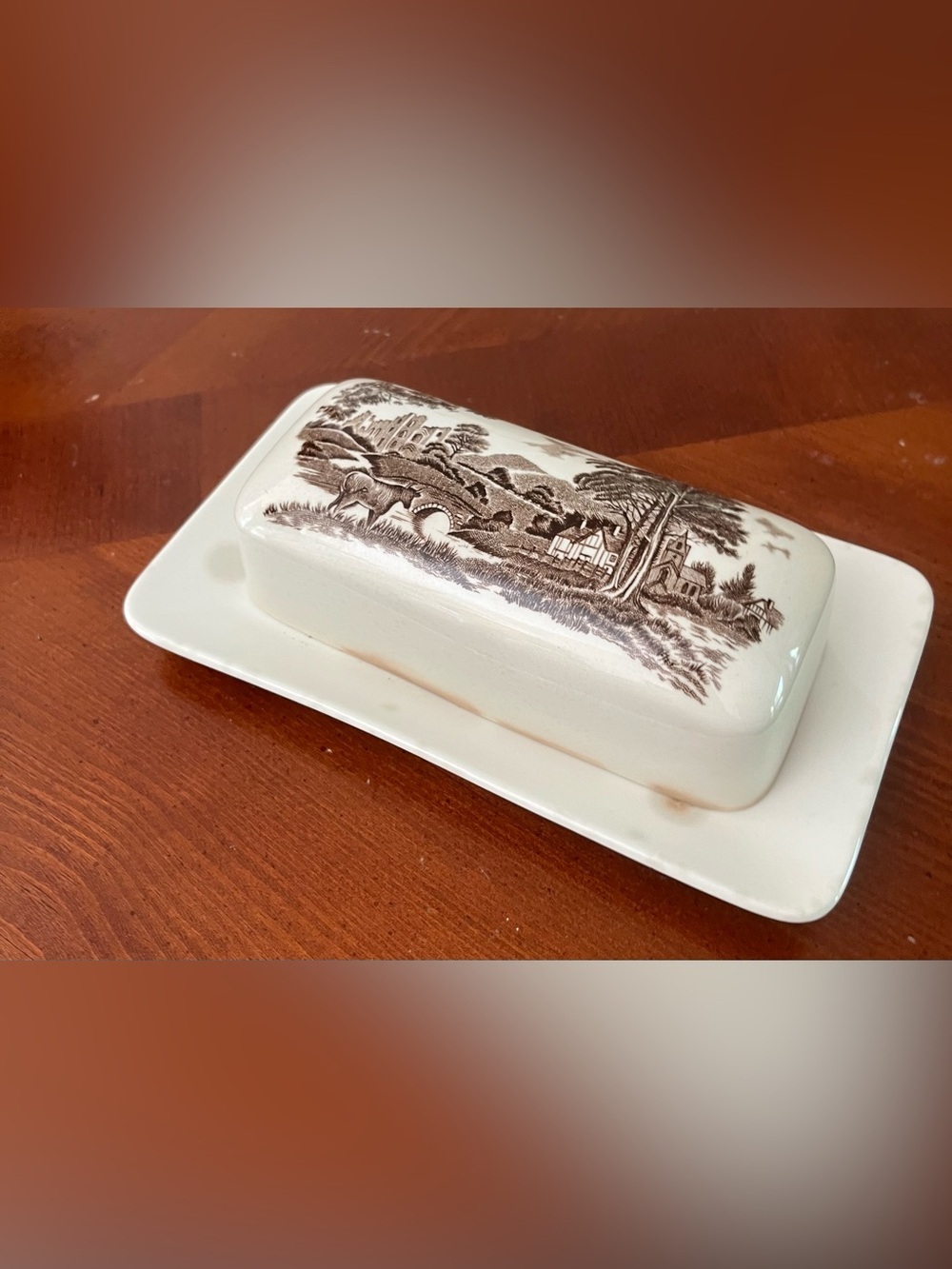 J&G Meakin Studio England Brown Transferware Butter Dish with Lid